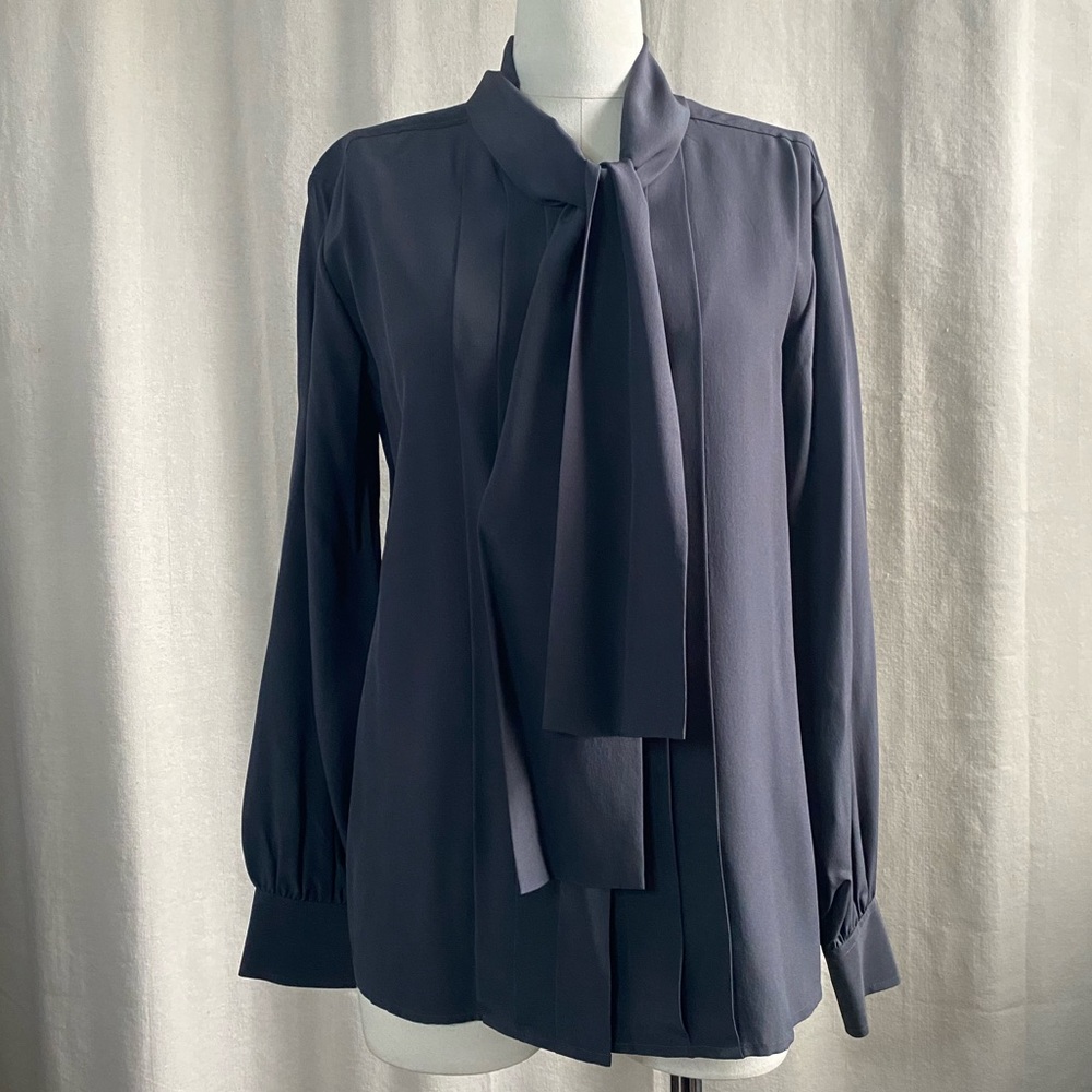 BLK DNM Tie Neck Silk long sleeve Blouse Dark grey Button Down NWT Sz M